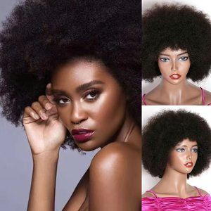 Natural Black Kinky Curly Human Hair Afro Wig With Bangs